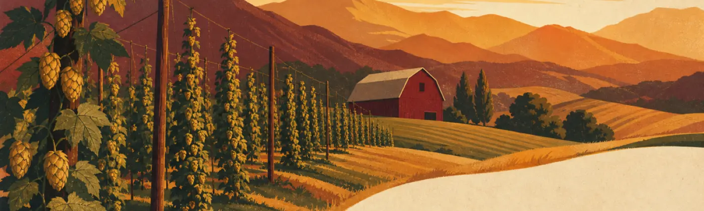 Red barn and hop trellises on a beer day