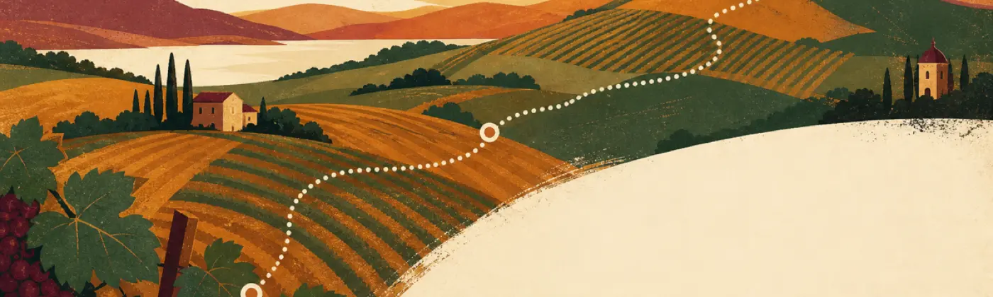Country road linking a vineyard, barn, and village