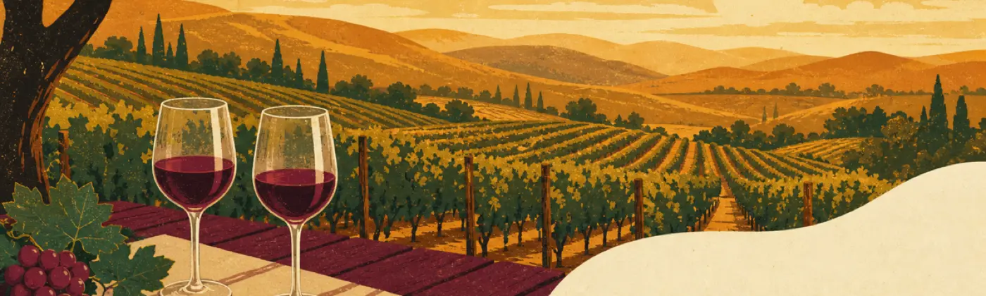Picnic table and vineyard rows at golden hour